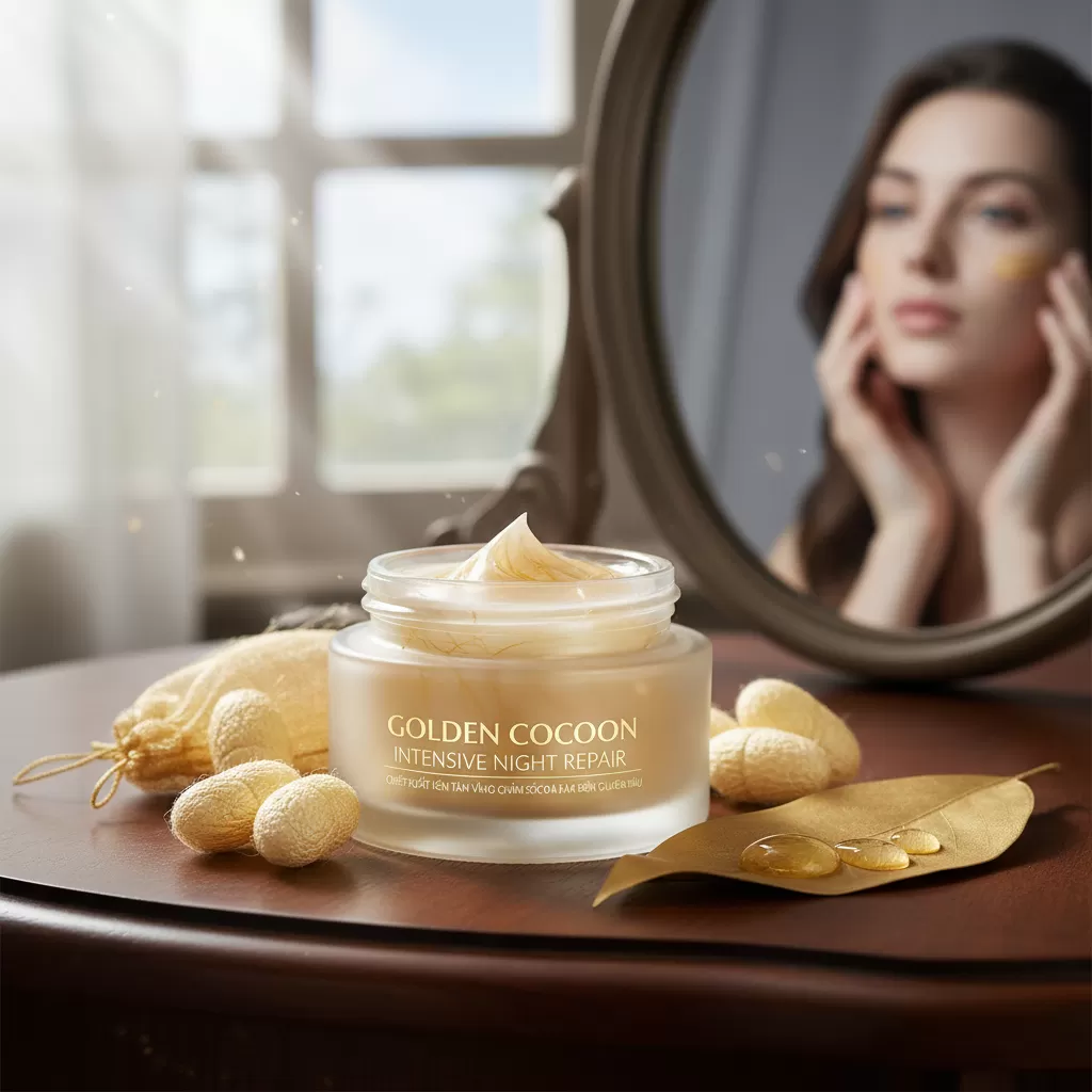 Kén tằm vàng là thành phần thượng hạng giúp nuôi dưỡng làn da căng bóng vào ban đêm