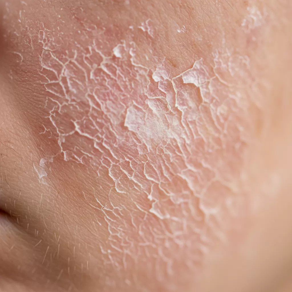 Tình trạng bong tróc da phổ biến ở vùng má của da hỗn hợp thiên khô