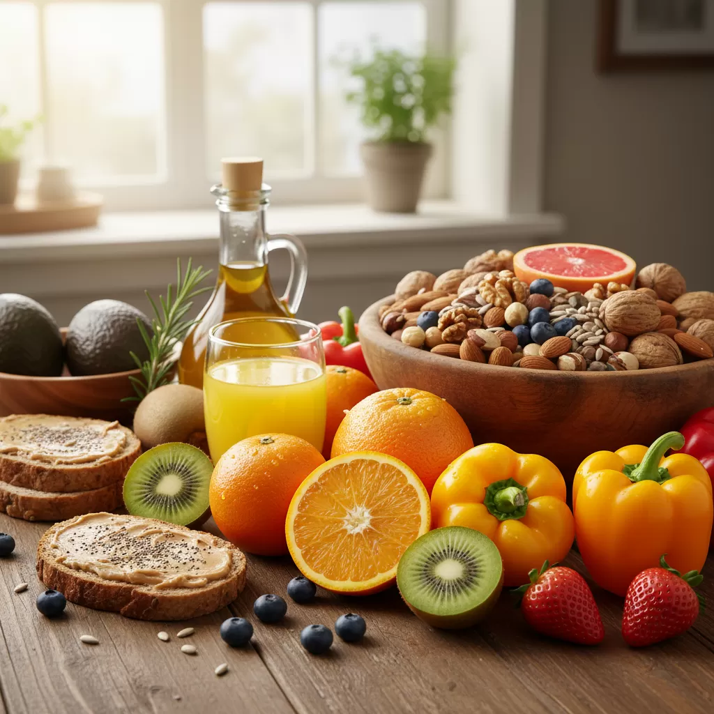 gemini_image_1770825224-1 Bổ sung thực phẩm giàu Vitamin C và E giúp tăng cường khả năng phục hồi da từ bên trong