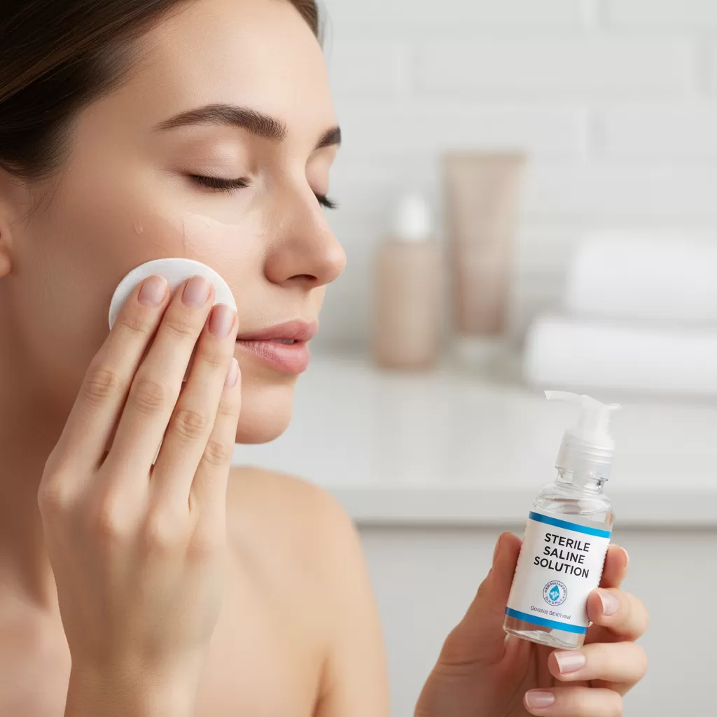 Sử dụng nước muối sinh lý để vệ sinh da nhẹ nhàng trong những ngày đầu sau điều trị