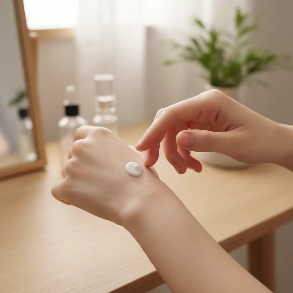 gemini_image_1770830199-1 Thực hiện patch test giúp hạn chế tối đa nguy cơ kích ứng diện rộng trước khi dùng toàn mặt