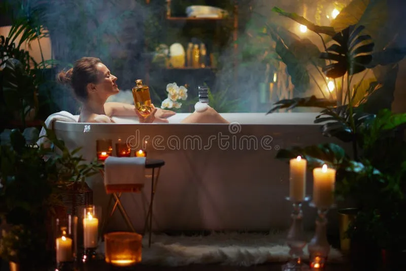 aromatherapy-bath-golden-bottle-candles-woman-relaxes-bubble-holding-amidst-plants-candlelight-enjoying-creating-tranquil-413025980 Biến không gian phòng tắm thành nơi trị liệu tinh thần giúp giảm căng thẳng hiệu quả