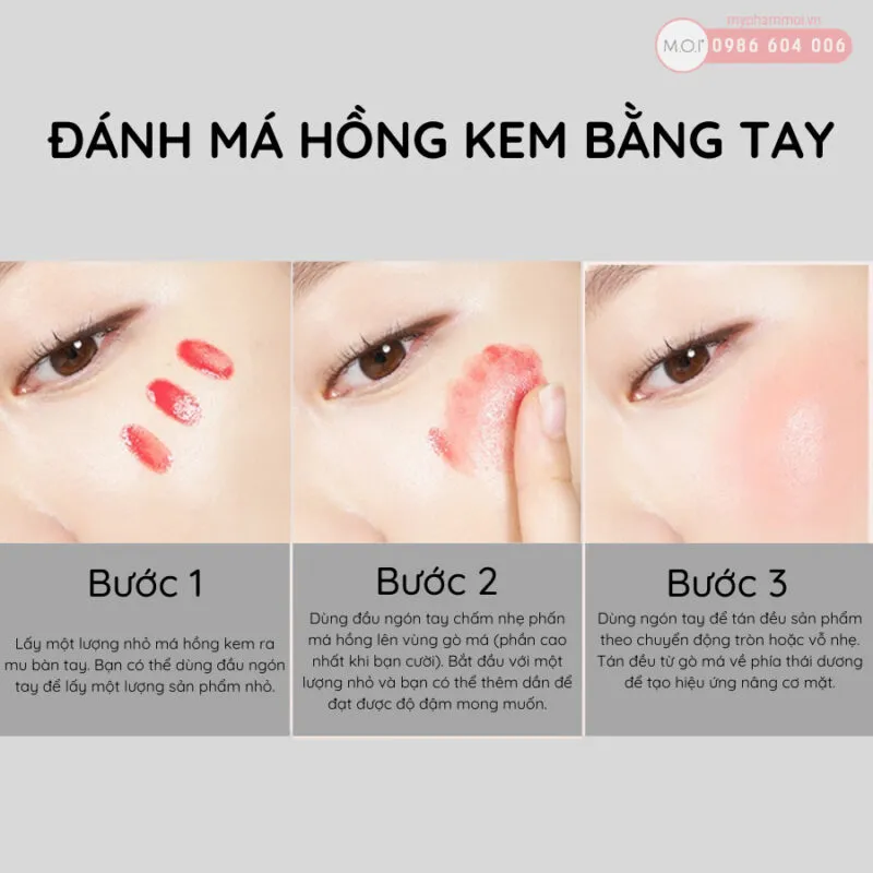 Sử dụng hơi ấm từ đầu ngón tay giúp má hồng tan chảy và tiệp vào da hoàn hảo