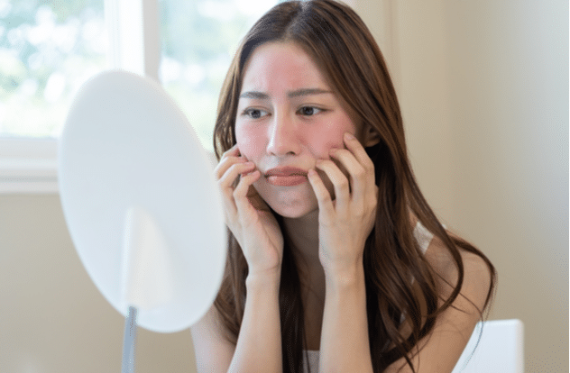 girl-looking-into-mirror-allergy-presenting-an-allergic-reaction Làn da bị quá tải do sử dụng quá nhiều sản phẩm chăm sóc da cùng một lúc