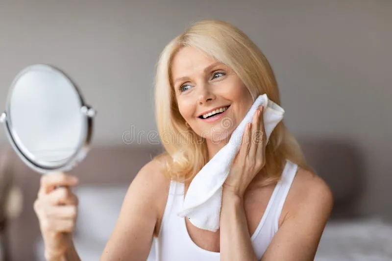 happy-middle-aged-woman-looking-herself-mirror-shower-touching-soft-radiant-skin-her-face-towel-happy-middle-288469212-1 Làn da đều màu và căng bóng sau liệu trình phục hồi với tế bào gốc kén tằm vàng