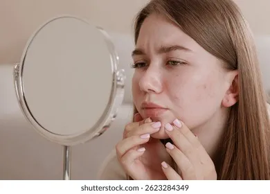 teen-girl-acne-looking-mirror-260nw-2623284349 Mụn nội tiết tuổi dậy thì gây ra nhiều lo lắng và tự ti cho các bạn trẻ