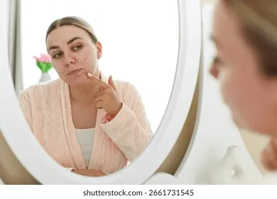 woman-acne-problem-looking-mirror-260nw-2661731545 Mụn bùng phát đột ngột là dấu hiệu điển hình của tình trạng tăng vọt Cortisol